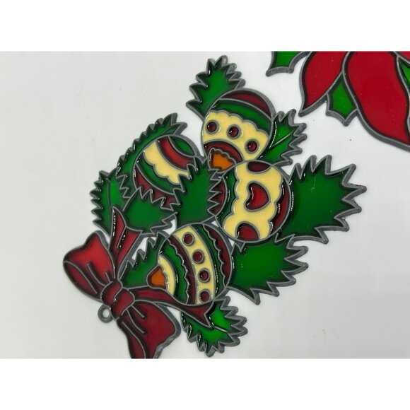 VTG Stained Glass Tiffany Style Sun Catcher Poinsettia Holly & Ornament USA ‘82 - Picture 3 of 6